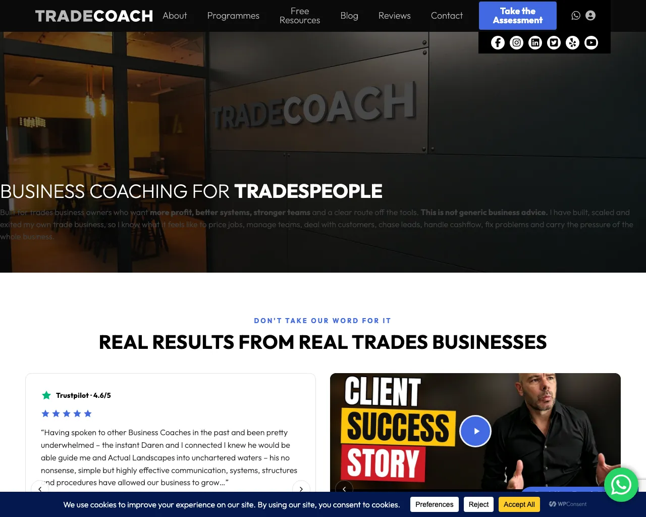 Website screenshot of Tradecoach Business Coaching UK